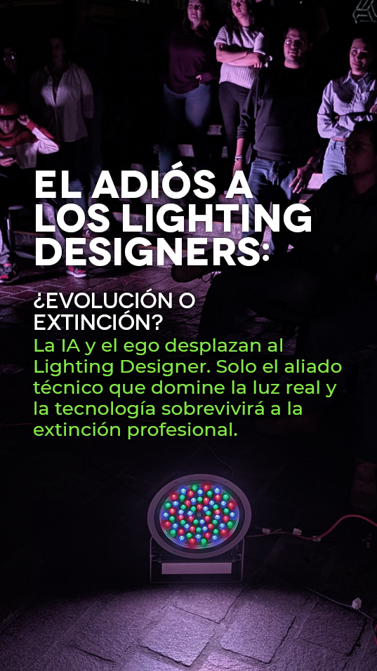 Poster in Spanish about the fate of lighting designers: bold white title over a dark crowd, green caption text, and a colorful LED light on the floor.