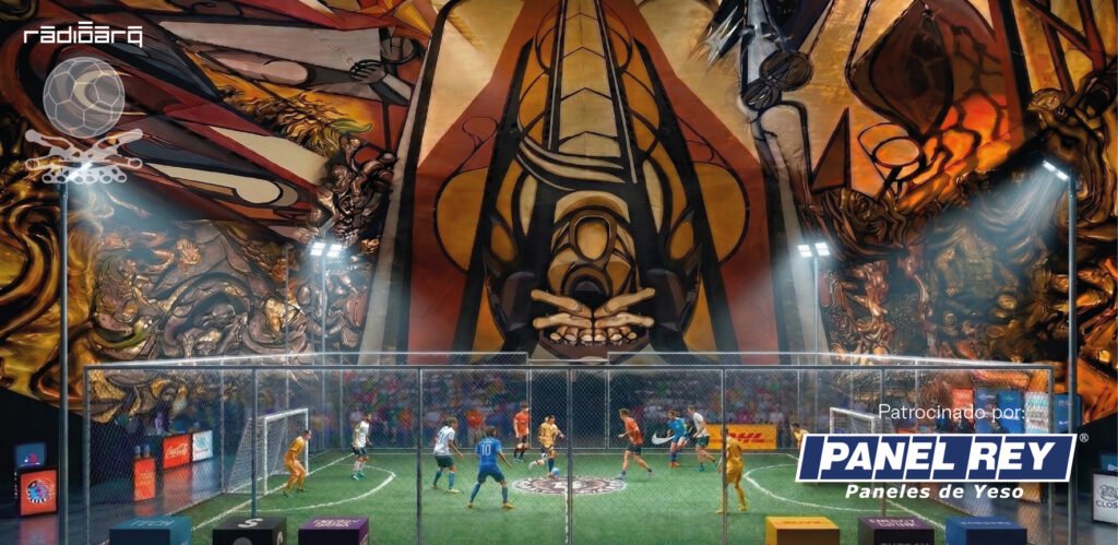 Indoor futsal court inside a glass-enclosed cage; players in colorful kits chase the ball with a large polygonal mural and skull motif on the back wall behind them; Panel Rey sponsorship visible.