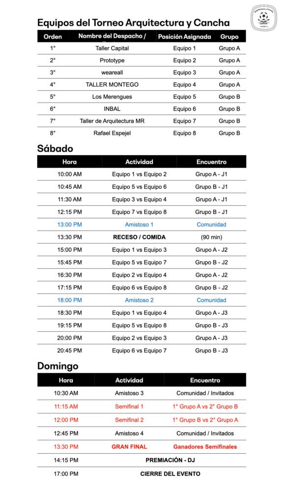 Programa del Torneo: tablas de equipos, horarios y encuentros por grupo (Arquitectura y Cancha)